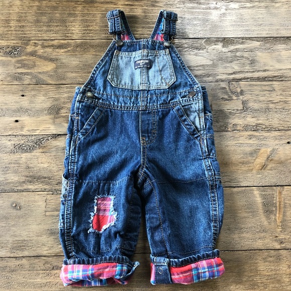 OshKosh BGosh Baby Boys Plaid Flannel Lined Patch Overalls Denim//Red